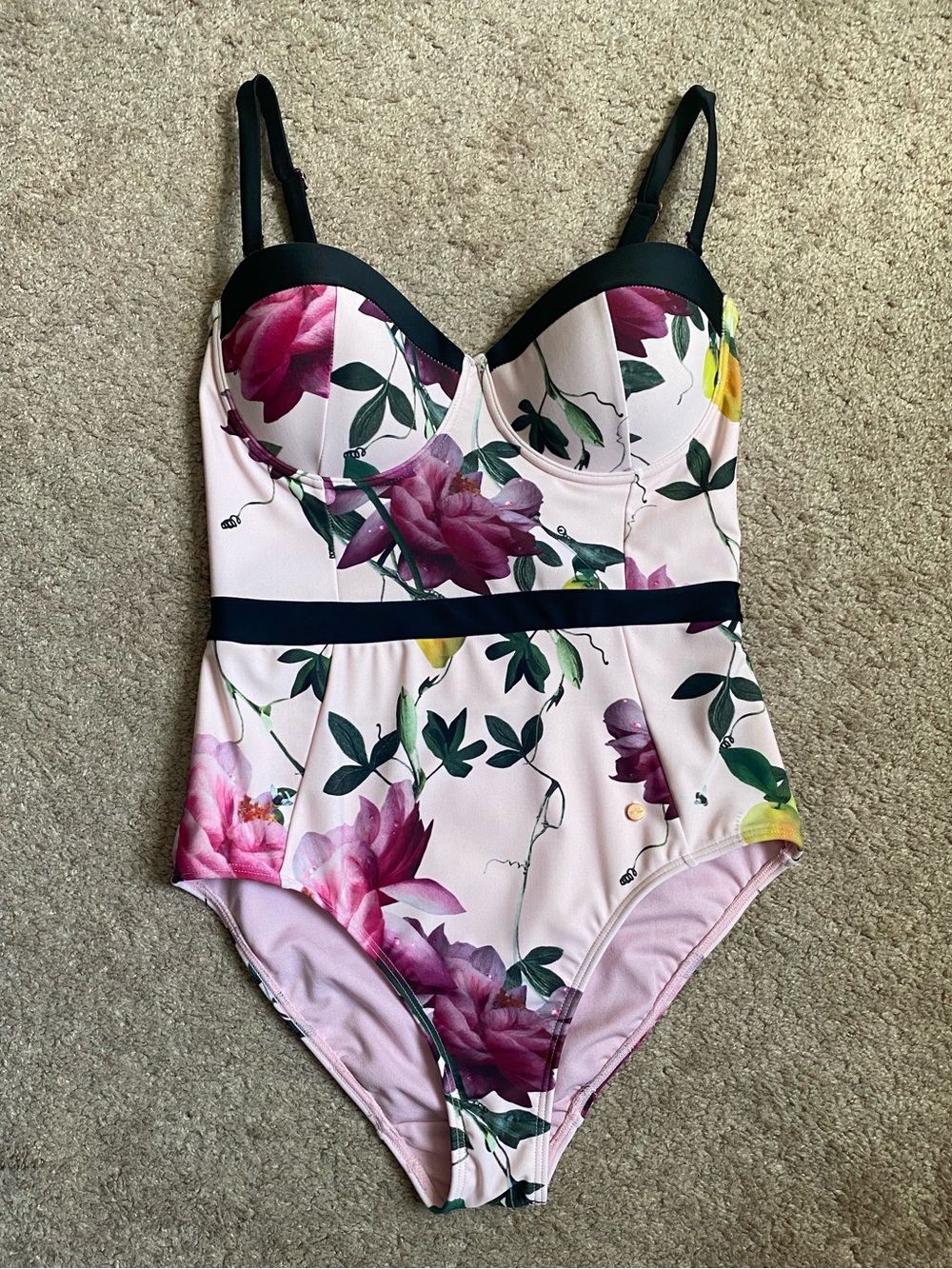 Ted Baker Floral Pink Women One-Piece Swimsuit with Black Trim